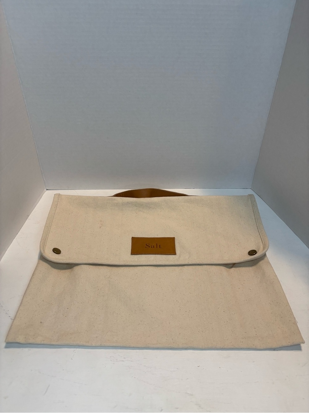 Salt Canvas Fold Over Tote Tan w/ Leather and Snaps Ivory with Flecks